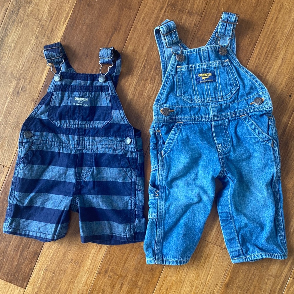TWO Oshkosh pairs of overalls, size 6 month.
